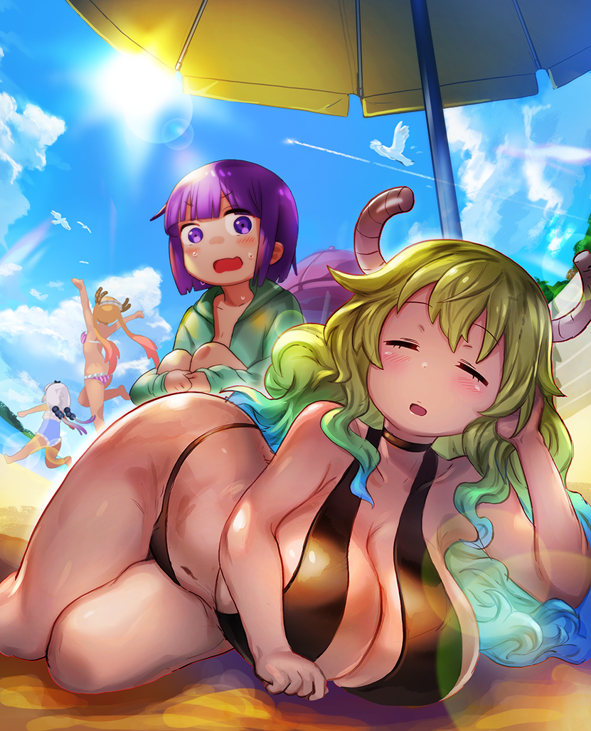 1boy, 3girls, aqua_hair, beach, beads, bikini, black_bikini, blonde_hair, blue_sky, blush, breasts, cleavage, closed_eyes, clouds, dragon_girl, dragon_horns, gradient_hair, green_hair, hair_beads, hair_ornament, horns, huge_breasts, kanna_kamui, kobayashi-san_chi_no_maidragon, long_hair, magatsuchi_shouta, multicolored_hair, multiple_girls, navel, nyantyubosi, ocean, open_mouth, outdoors, purple_hair, quetzalcoatl_(maidragon), sand, short_hair, silver_hair, sky, sun, swimsuit, tooru_(maidragon), twintails, violet_eyes