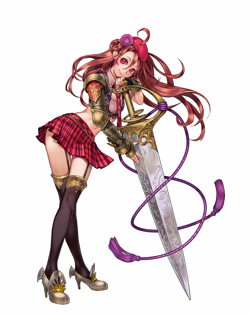 1girl, armor, asymmetrical_gloves, braid, fingerless_gloves, french_braid, full_body, garter_straps, gloves, gram_(phantom_of_the_kill), hat, high_heels, holding, holding_sword, holding_weapon, huge_weapon, long_hair, looking_at_viewer, midriff, necktie, official_art, phantom_of_the_kill, plaid, plaid_skirt, pleated_skirt, red_eyes, simple_background, skirt, smile, solo, sword, thigh-highs, weapon, white_background