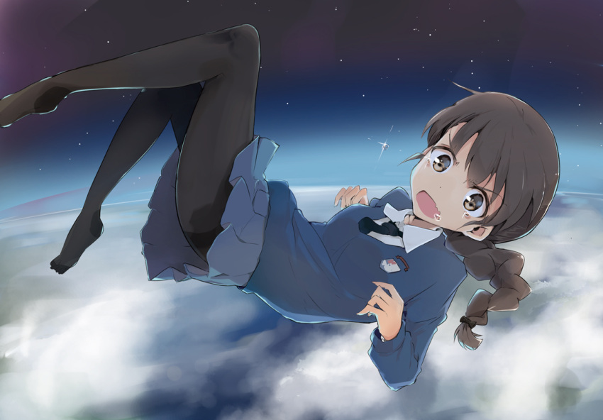 1girl, bangs, black_legwear, black_necktie, blue_skirt, braid, brown_eyes, brown_hair