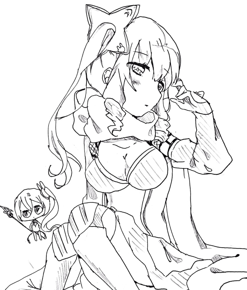 2girls, anger_vein, blush, breasts, chibi, cleavage, cosplay, costume_switch