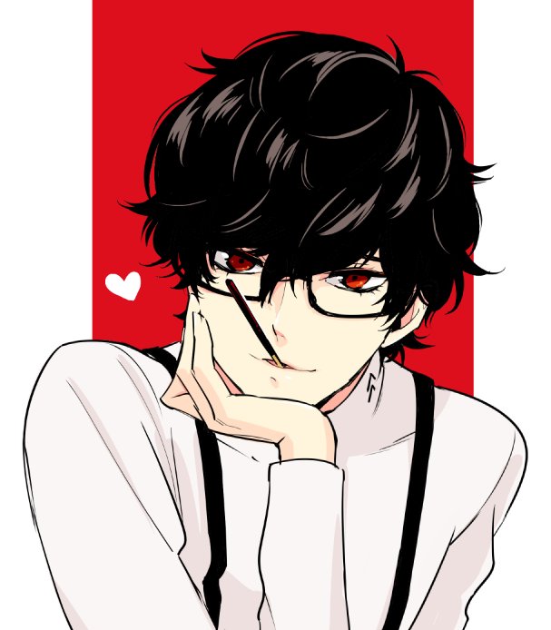 1boy, amamiya_ren, atlus, black_hair, food, glasses, heart, hiokirasu, kurusu_akira, male_focus, megami_tensei, persona, persona_5, pocky, short_hair, simple_background, smile, solo