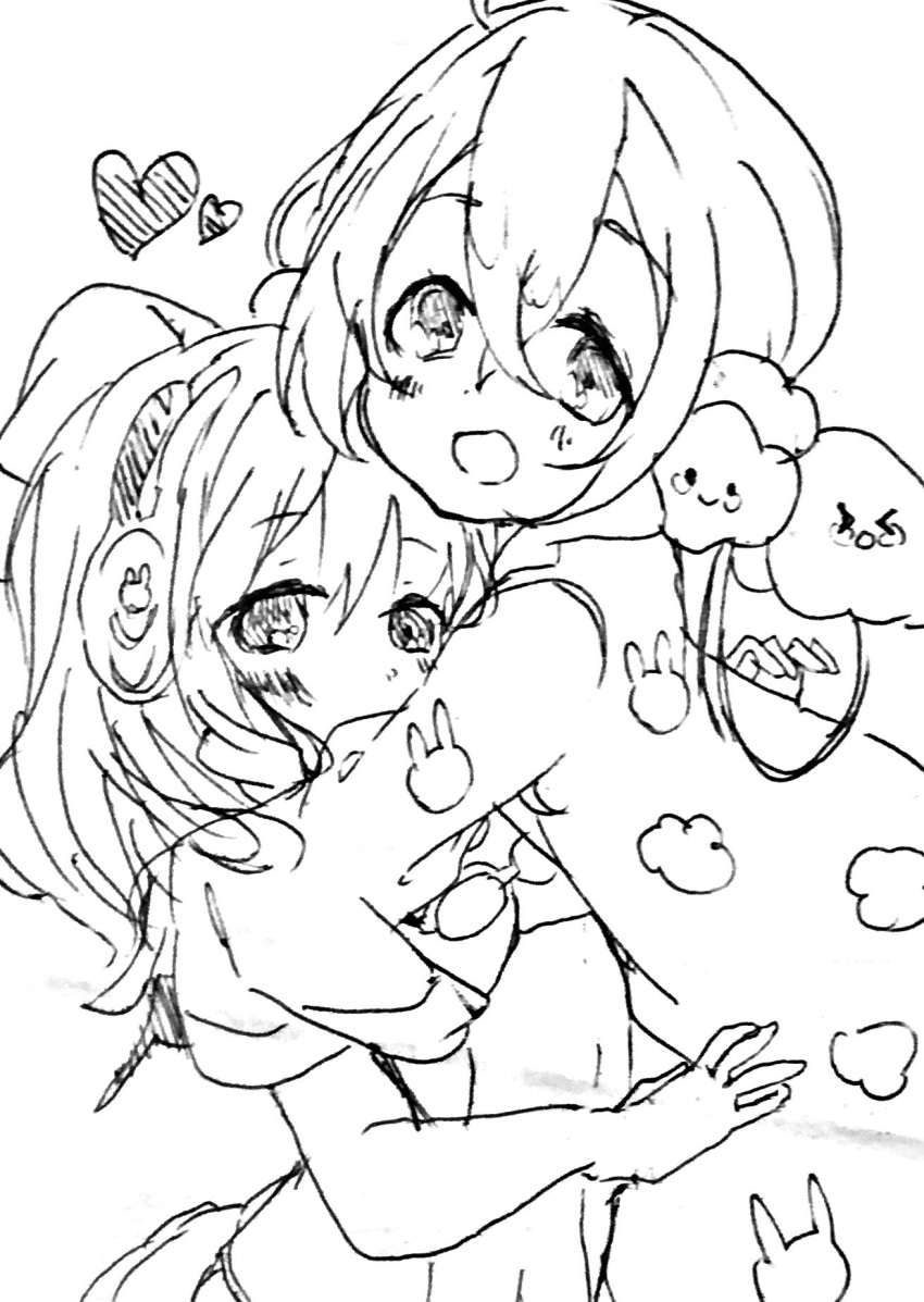 2girls, blush, greyscale, highres, hug, mahou_shoujo_ikusei_keikaku, mahou_shoujo_ikusei_keikaku_unmarked, micro_(micronm)