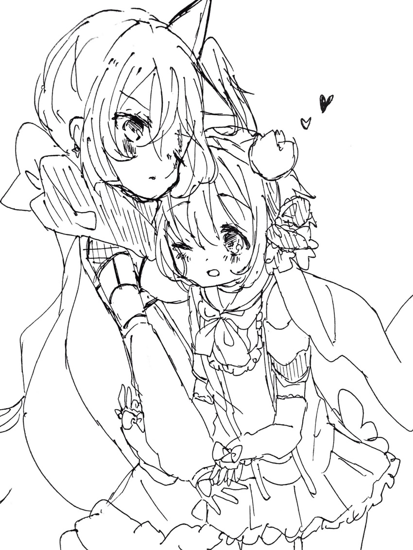 2girls, blush, couple, greyscale, highres, leaning_on_person, mahou_shoujo_ikusei_keikaku, micro_(micronm)