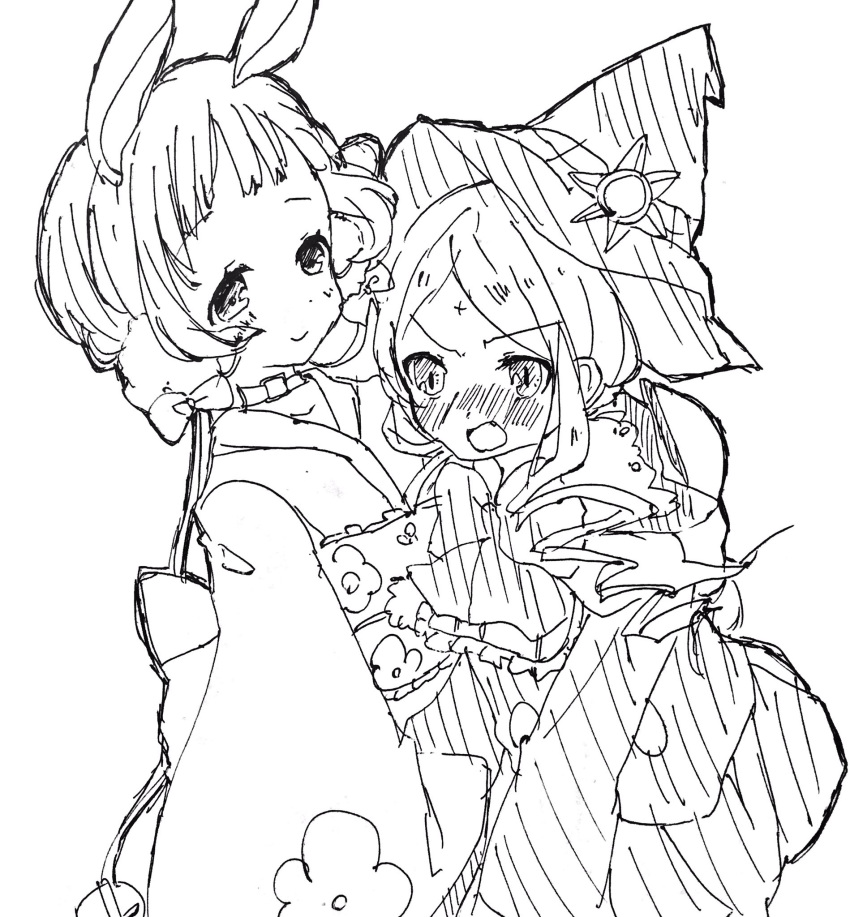 2girls, animal_ears, blush, gekokujou_hana, hat, highres, hug, mahou_shoujo_ikusei_keikaku, mahou_shoujo_ikusei_keikaku_limited, mana_(mahoiku), micro_(micronm), multiple_girls, rabbit_ears, witch_hat, yuri