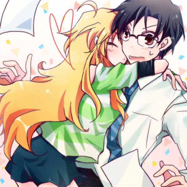 >:o, 1boy, 1girl, :o, ahoge, black_hair, blonde_hair, blush, brown_eyes, closed_eyes, dress_shirt, fuyuki_(10kikaku), glasses, glomp, green_shirt, heart, hoshii_miki, hug, idolmaster, layered_clothing, long_hair, miniskirt, necktie, paper, producer_(idolmaster_anime), shirt, skirt, striped, striped_necktie, striped_shirt, surprised, sweatdrop, t-shirt
