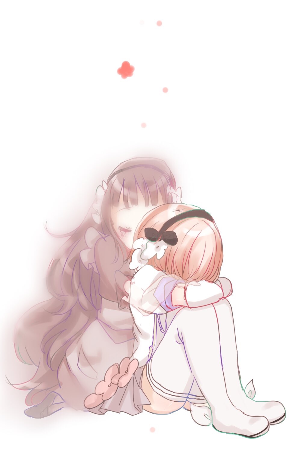 2girls, black_hair, closed_eyes, ghost, hardgore_alice, highres, hug, hug_from_behind