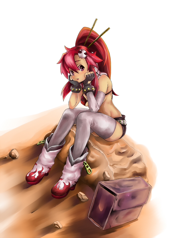 belt, bikini_top, boots, bored, chin_rest, hair_ornament, long_hair, midriff