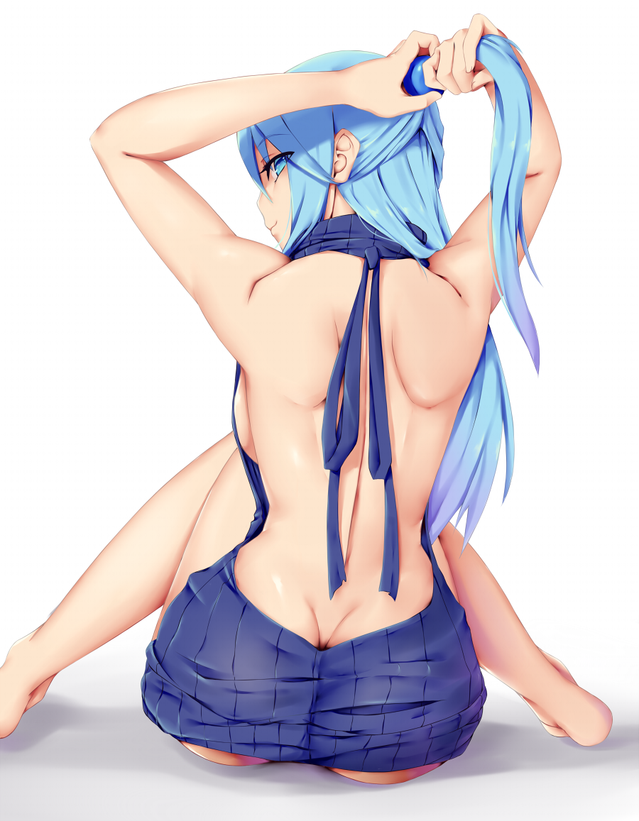 1girl, aqua_(konosuba), ass, blue_eyes, blue_hair, blue_sweater, butt_crack, kono_subarashii_sekai_ni_shukufuku_wo!