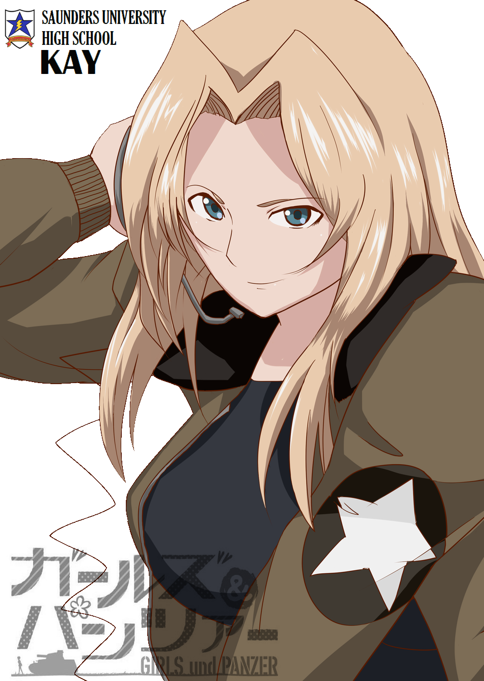 1girl, blonde_hair, blue_eyes, bomber_jacket, breasts, character_name, copyright_name, emblem