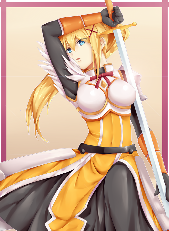 1girl, armor, blonde_hair, blue_eyes, breasts, darkness_(konosuba), holding, holding_sword