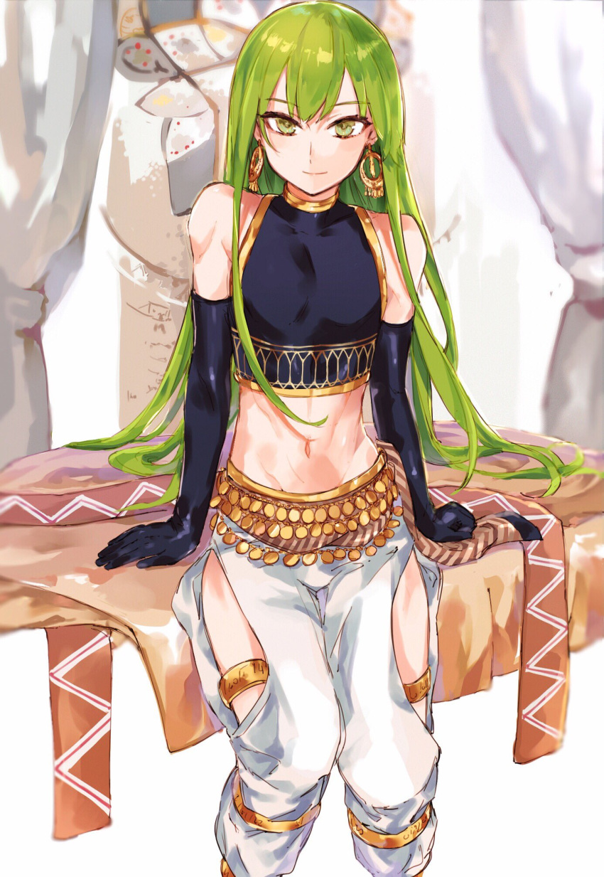 1boy, androgynous, bare_shoulders, enkidu_(fate/strange_fake), fate/grand_order, fate/strange_fake, fate_(series), green_eyes, green_hair, highres, long_hair, looking_at_viewer, navel, nekoremon, smile, solo, trap