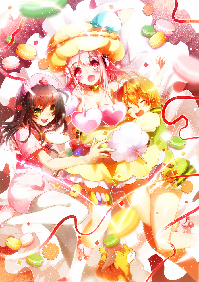 3girls, :d, ^_^, aquamarine, biscuit, black_hair, blurry, blush