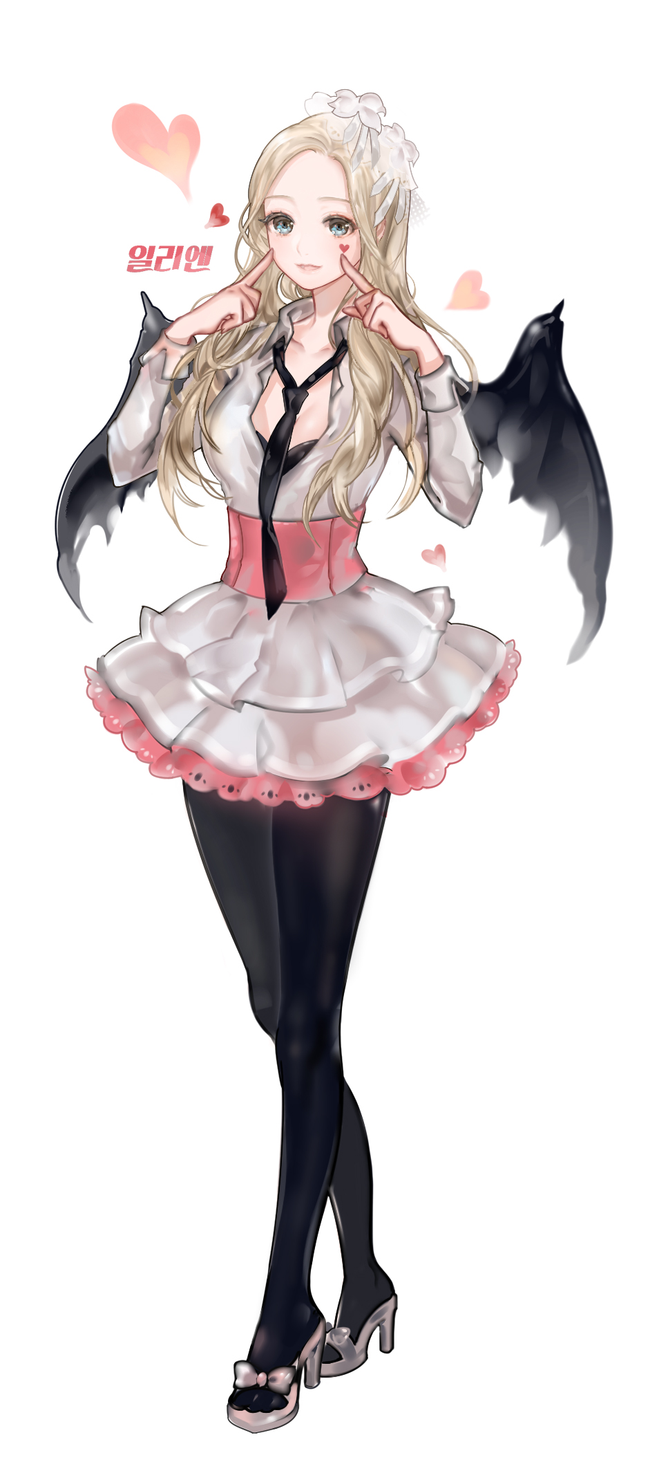 1girl, 96dgd, black_bra, black_legwear, black_necktie, black_wings, blonde_hair, blue_eyes, bow, bra, breasts, collarbone, collared_shirt, dungeon_and_fighter, fingers_to_cheek, frilled_skirt, frills, full_body, hair_ornament, hands_up, heart, high_heels, highres, long_hair, long_sleeves, looking_at_viewer, necktie, open_clothes, open_mouth, open_shirt, pantyhose, pointing, pointing_at_self, sash, shirt, shoe_bow, shoes, simple_background, skirt, skirt_set, smile, solo, spread_wings, standing, underwear, undone_necktie, white_background, white_bow, white_shirt, white_shoes, white_skirt, wings