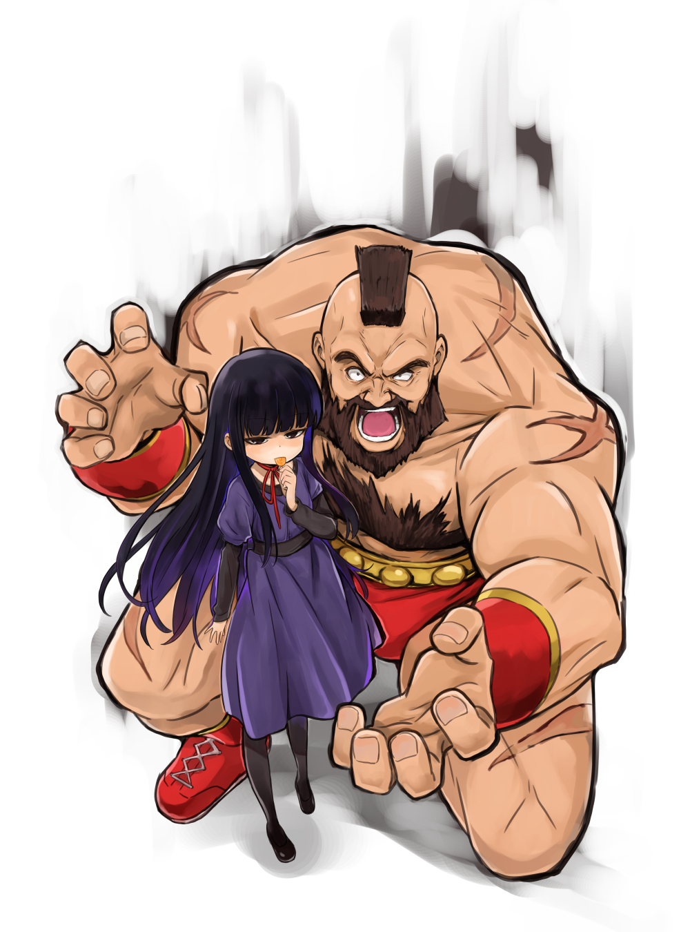 1boy, 1girl, bangs, beard, black_hair, black_shoes, blunt_bangs, boots