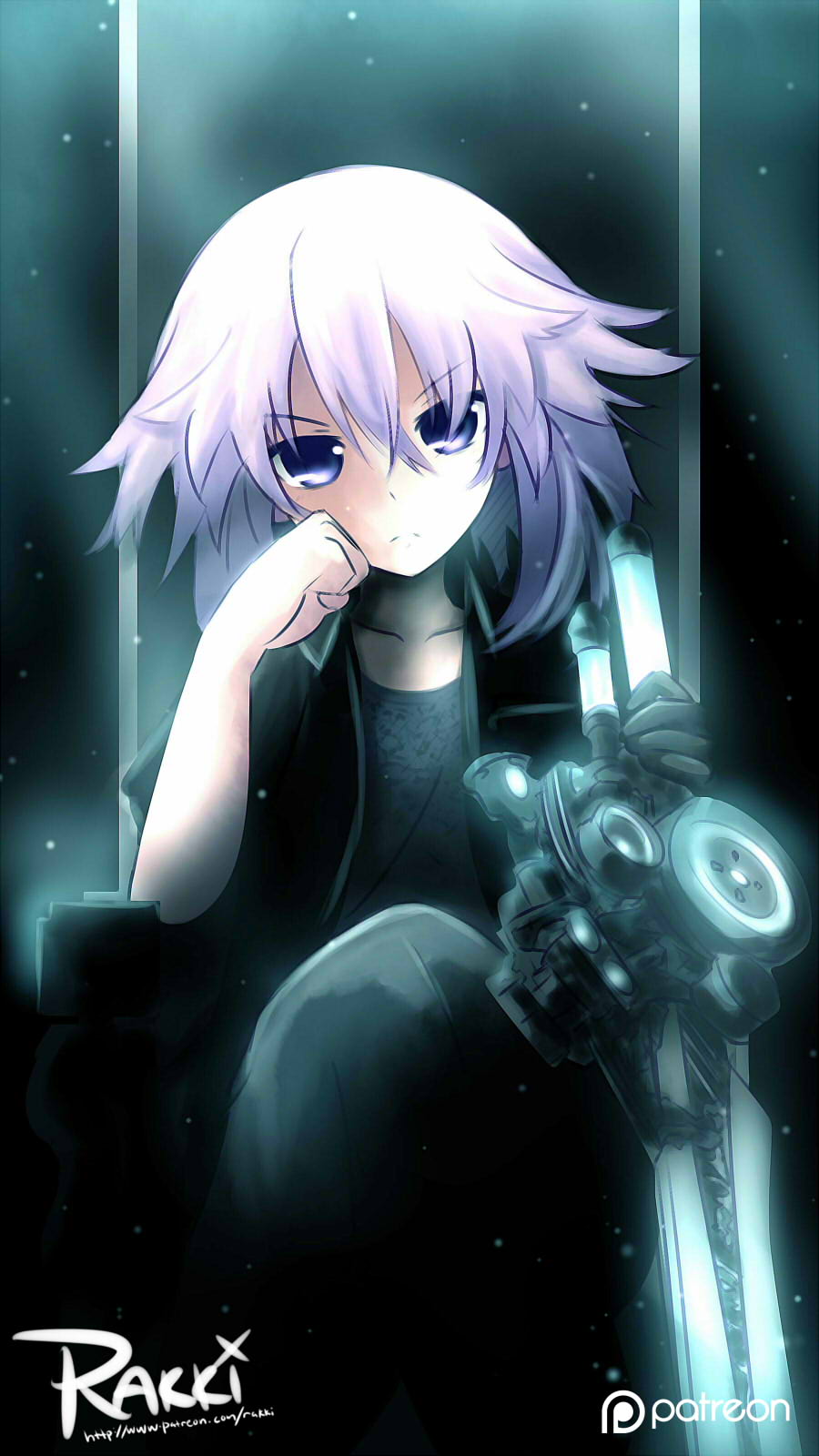 1girl, choujigen_game_neptune, cosplay, eyebrows_visible_through_hair, highres, neptune_(choujigen_game_neptune), neptune_(series), noctis_lucis_caelum, noctis_lucis_caelum_(cosplay), purple_hair, rakki, short_hair, signature, solo, violet_eyes
