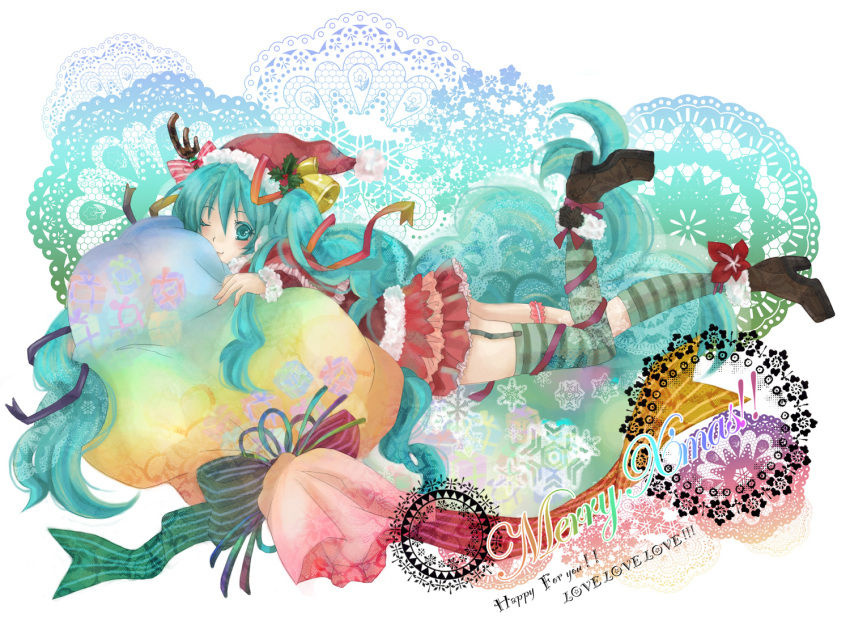 aqua_hair, asymmetrical_clothes, bad_id, bell, christmas, earmuffs, garter_straps, garters, hatsune_miku, high_heels, kneehighs, lying, one_kneehigh, one_thighhigh, sack, santa_costume, shoes, single_kneehigh, single_thighhigh, socks, striped, striped_legwear, striped_thighhighs, thigh-highs, thighhighs, vocaloid, wink, zenryoku_toumin