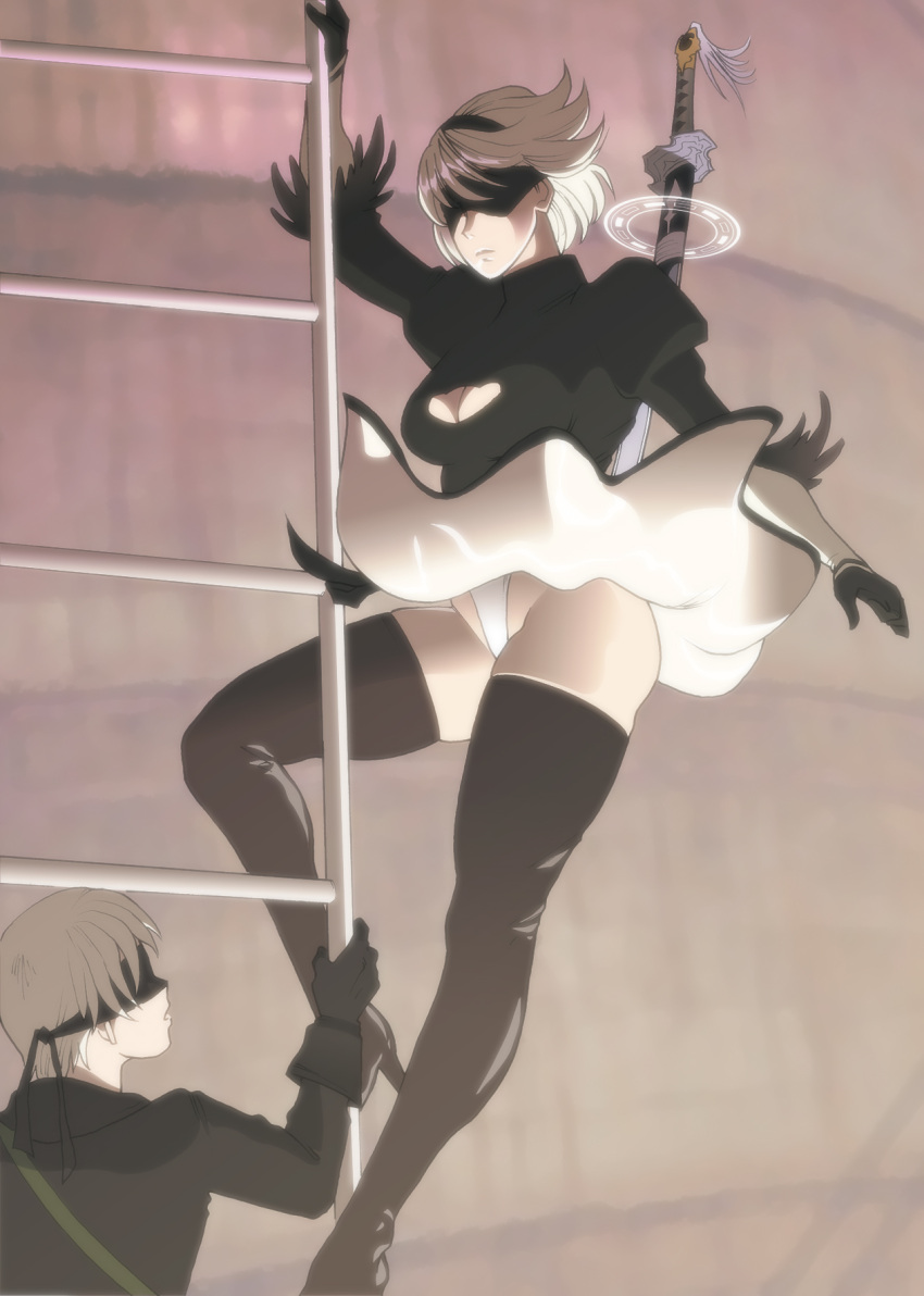 1boy, 1girl, :o, arm_at_side, bag, bangs, black_dress, black_gloves