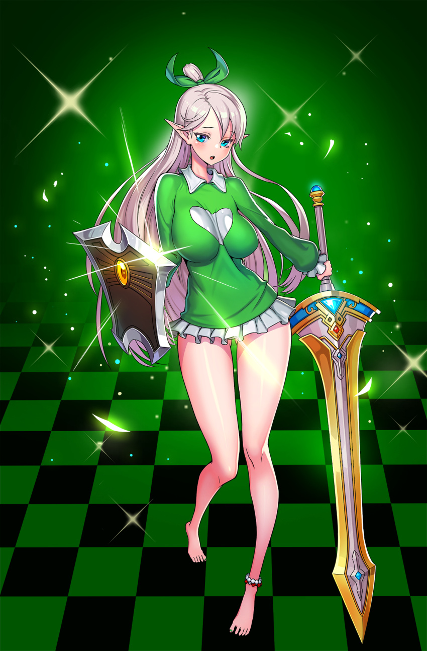 1girl, anklet, barefoot, blue_eyes, breasts, checkered, checkered_floor, dungeon_and_fighter