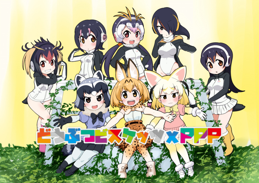 6+girls, :d, animal_ears, black_eyes, black_gloves, black_hair, black_skirt, blonde_hair
