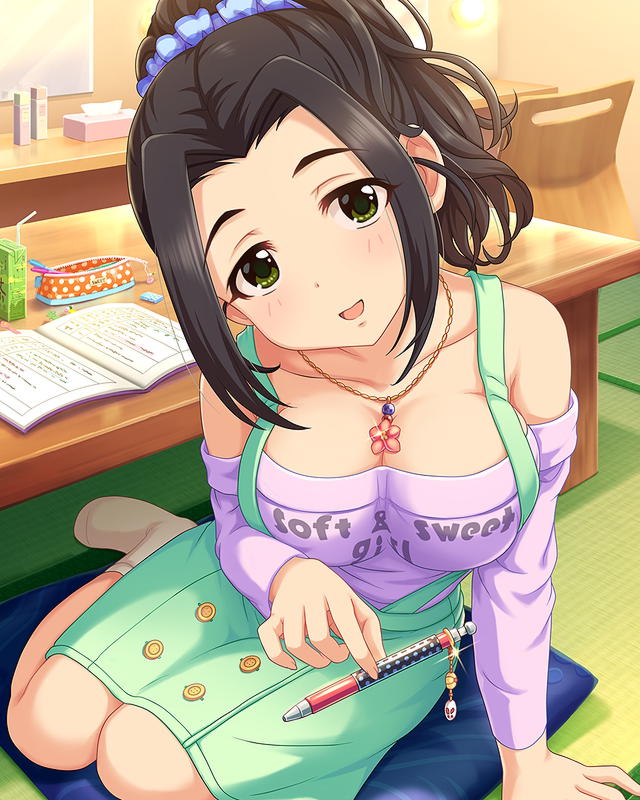 1girl, artist_request, bare_shoulders, black_hair, blush, book, breasts, chair