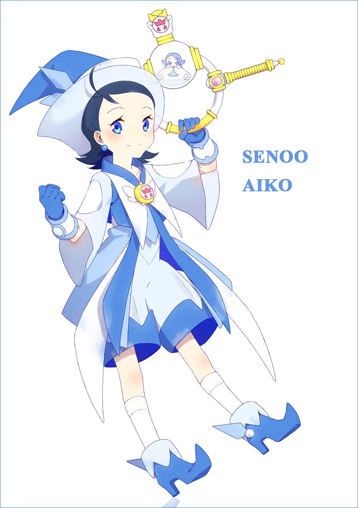 alternate_costume, blue_eyes, blue_hair, blush, boots, hakusai_(tiahszld), hat, mimi_(ojamajo_doremi), ojamajo_doremi, senoo_aiko, short_hair, shorts, smile, text, weapon