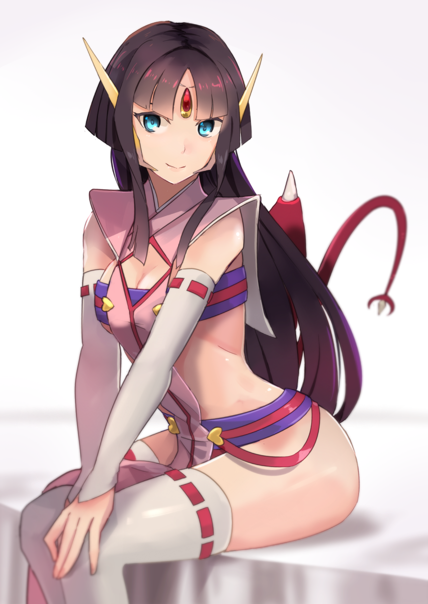 1girl, bangs, black_hair, blue_eyes, breasts, cleavage, closed_mouth, cross_ange, detached_sleeves, dragon_girl, dragon_tail, dragon_wings, forehead_jewel, highres, hsin, japanese_clothes, long_hair, looking_at_viewer, medium_breasts, parted_bangs, revealing_clothes, salamandinay, sitting, smile, solo, tail, thigh-highs, v_arms, very_long_hair, white_legwear, wings