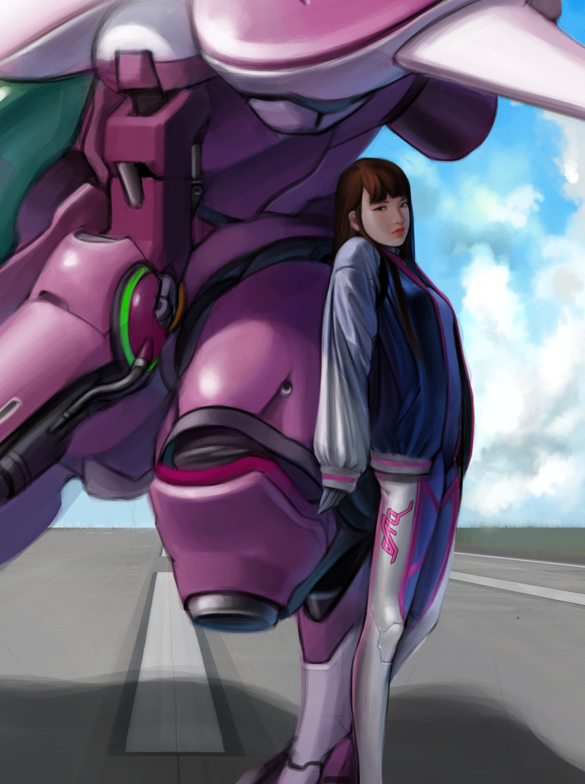 1girl, absurdres, against_object, against_vehicle, asian, bangs, blue_sky, bodysuit