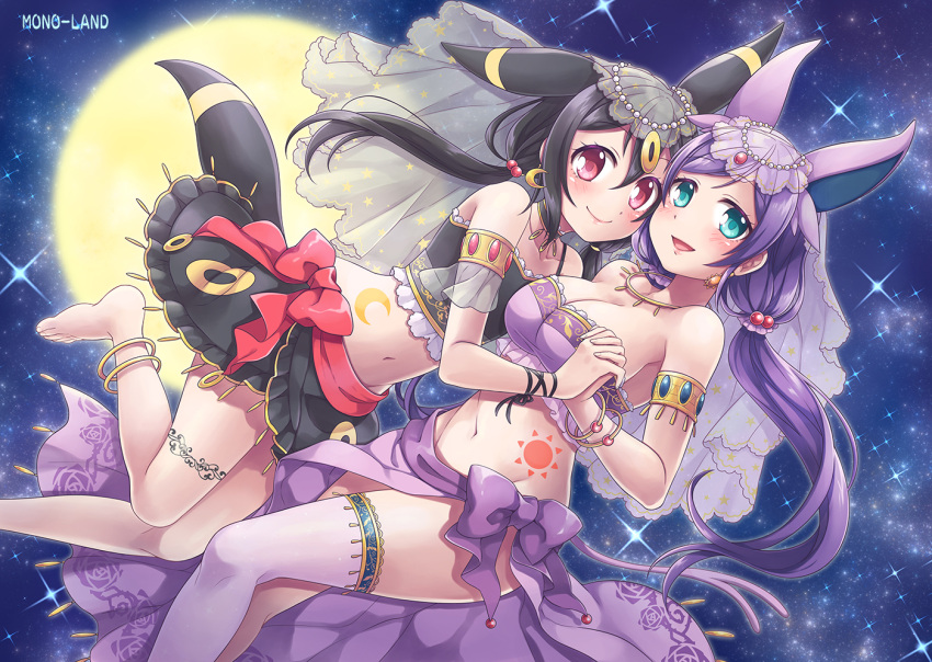 2girls, animal_ears, aqua_eyes, bangle, black_hair, bracelet, breasts, cleavage, cosplay, crescent_moon_symbol, earrings, espeon, espeon_(cosplay), full_moon, hand_holding, interlocked_fingers, jewelry, love_live!, love_live!_school_idol_project, low_twintails, mono_land, moon, multiple_girls, necklace, open_mouth, pokemon, purple_hair, red_eyes, sky, smile, sparkle, star_(sky), starry_sky, sun_(symbol), tail, tattoo, thigh-highs, toujou_nozomi, twintails, umbreon, umbreon_(cosplay), white_legwear, yazawa_nico