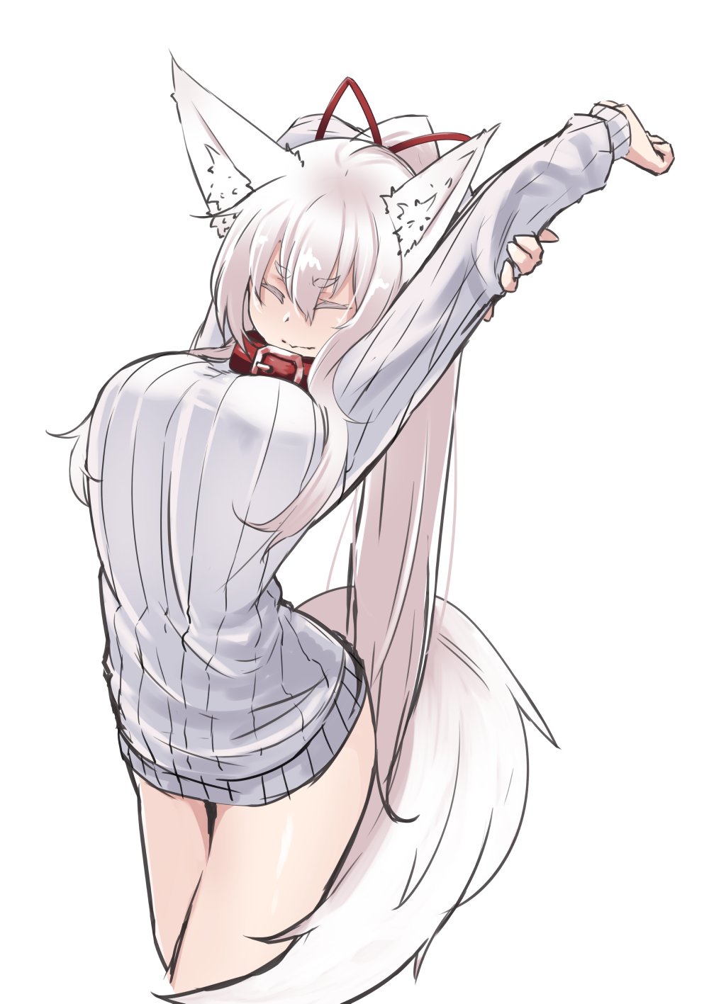 1girl, animal_ears, arms_up, breasts, closed_eyes, collar, cropped_legs, fox_ears