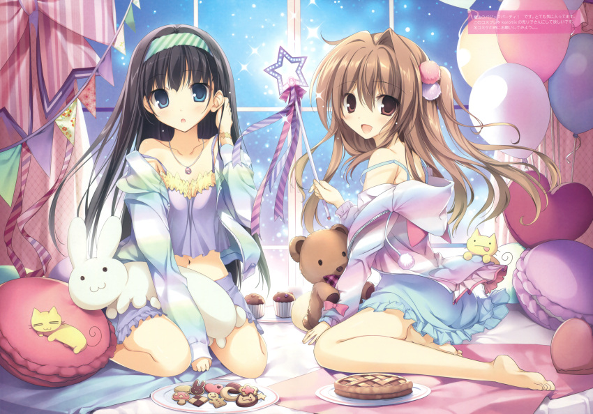 2girls, :d, ;), absurdres, blue_hair, bow, bra, breasts