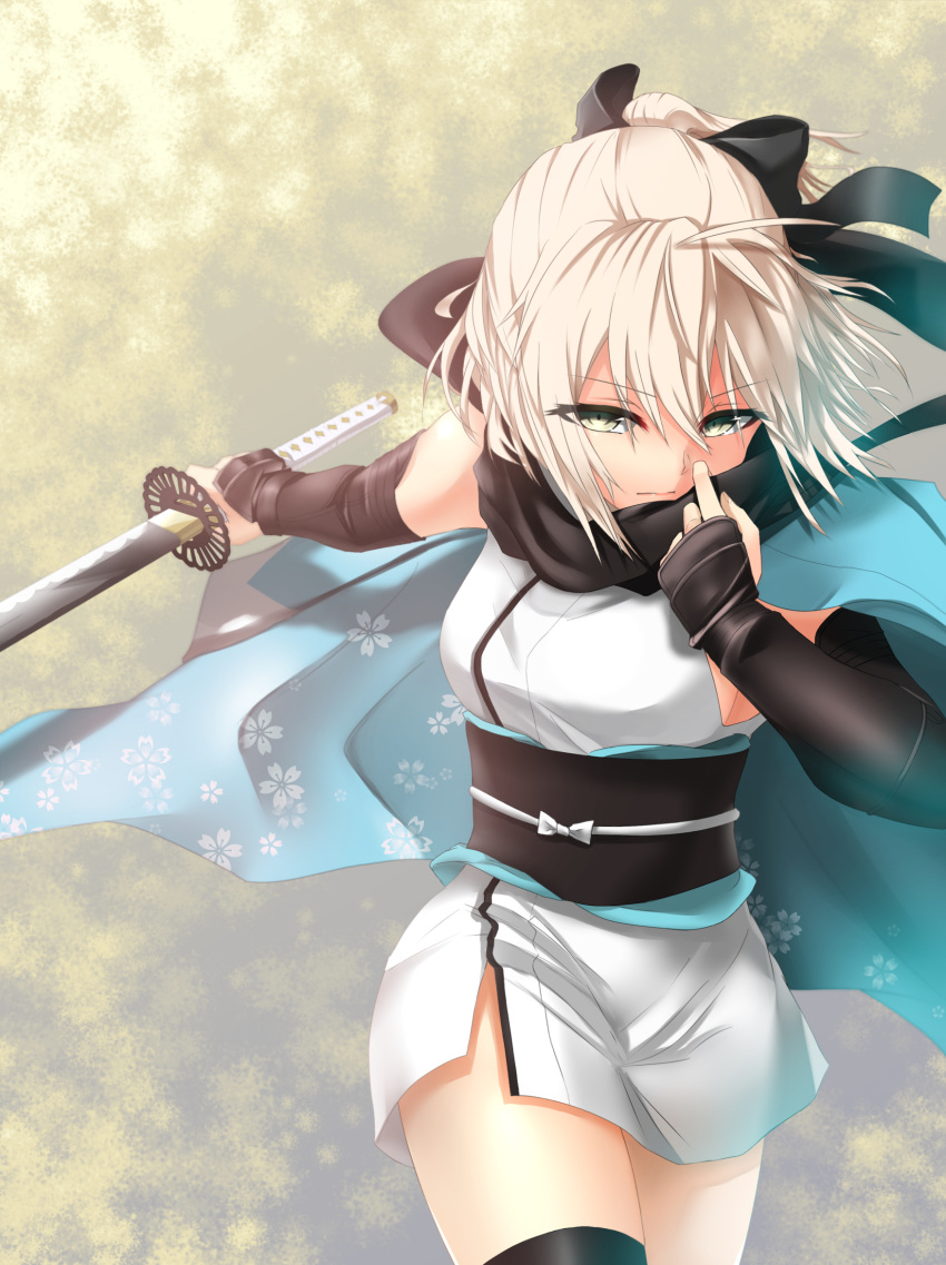 1girl, ahoge, black_legwear, black_ribbon, black_scarf, blonde_hair, breasts, celeryma