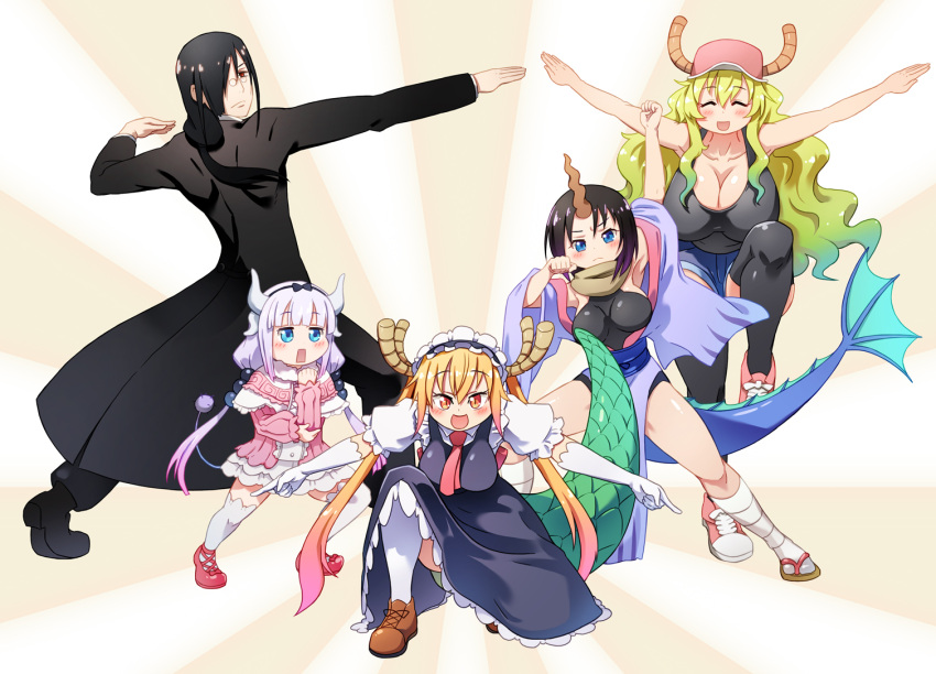 1boy, 4girls, :d, black_hair, blonde_hair, blue_eyes, breasts, capelet, cleavage, commentary_request, dragon_ball, dragon_girl, dragon_horns, dragon_tail, elma_(maidragon), fafnir_(maidragon), gradient_hair, hair_bobbles, hair_ornament, hairband, horns, kanna_kamui, kobayashi-san_chi_no_maidragon, lavender_hair, long_hair, looking_at_viewer, low_twintails, maid, multicolored_hair, multiple_girls, open_mouth, orange_eyes, parody, pose, quetzalcoatl_(maidragon), red_eyes, short_hair, slit_pupils, smile, tail, thigh-highs, tooru_(maidragon), trait_connection, twintails, xin_yu_hua_yin, zettai_ryouiki