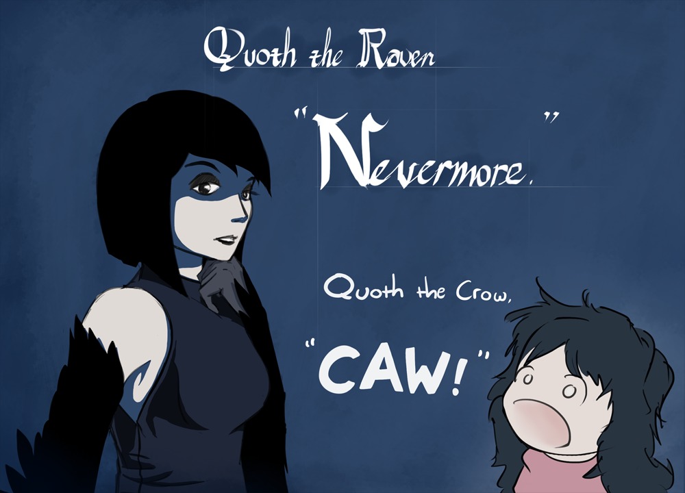 bird, bird_wings, black_hair, blue_background, crow, drawfag, english, multiple_girls