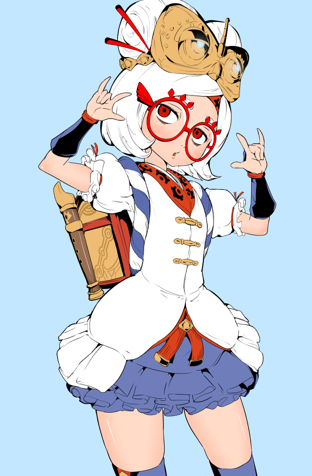 1girl, :o, backpack, bag, blue_background, blue_legwear, character_request, dress