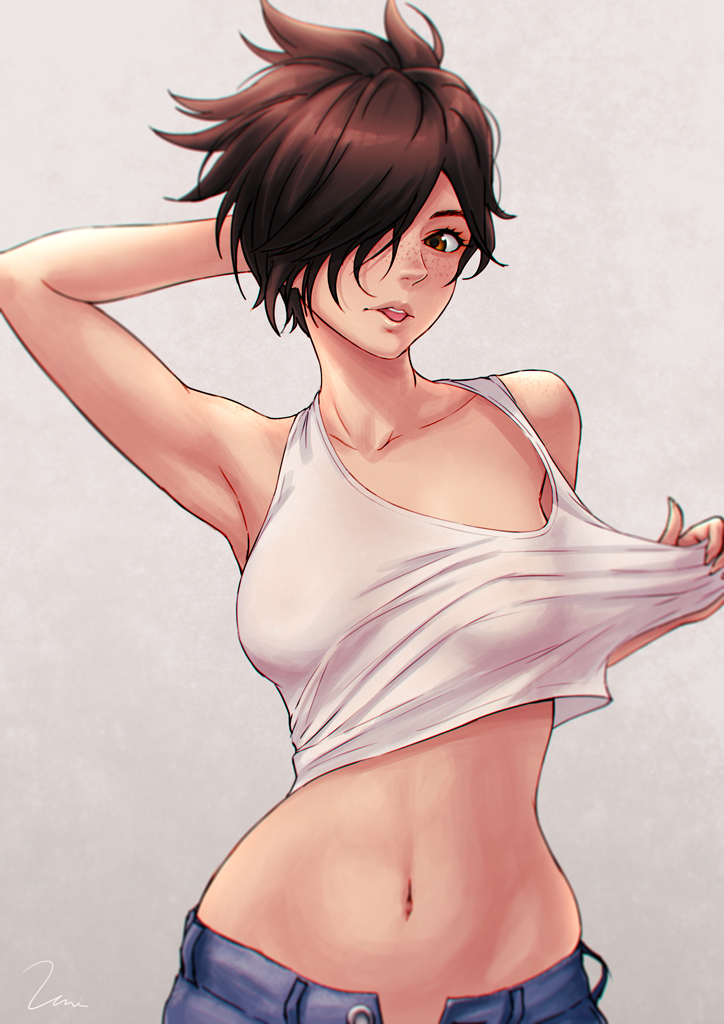 1girl, breasts, brown_eyes, brown_hair, casual, crop_top, freckles, hair_over_one_eye