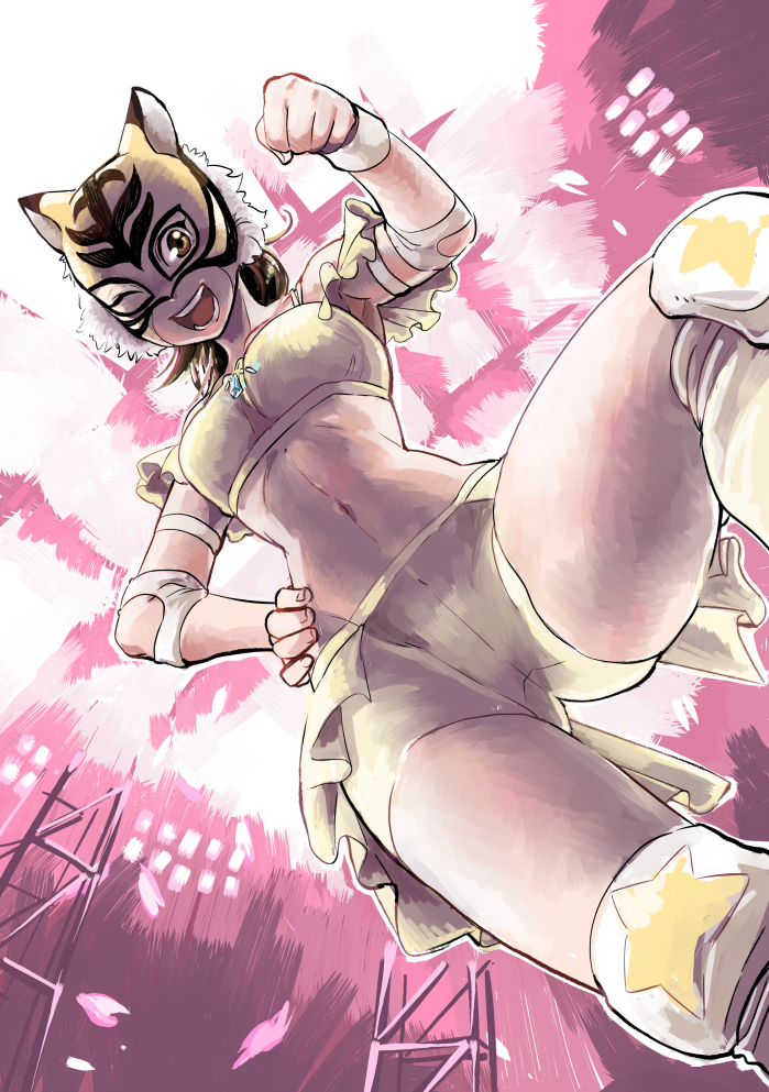 abs, bare_shoulders, brown_eyes, brown_hair, commentary_request, elbow_pads, mask, midriff
