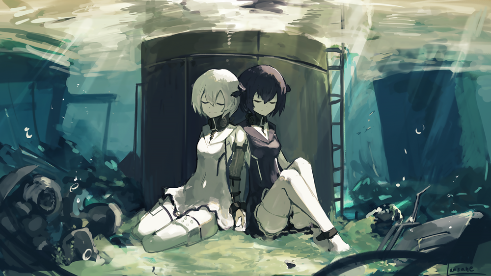 2girls, abyssal_twin_hime_(black), abyssal_twin_hime_(white), artist_name, black_hair, breasts, closed_eyes, closed_mouth