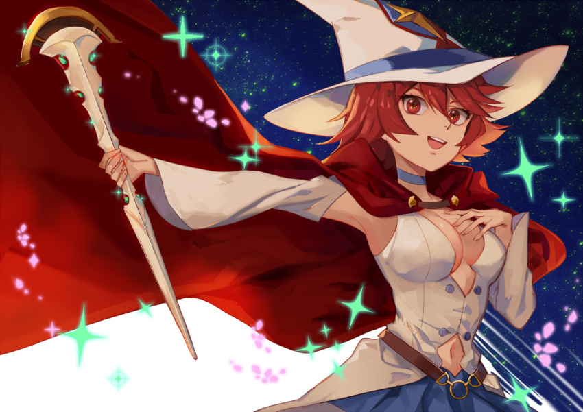 1girl, belt, blue_skirt, breasts, cape, choker, cleavage, detached_sleeves, hand_on_own_chest, hat, highres, large_breasts, little_witch_academia, looking_at_viewer, navel, navel_cutout, night, open_mouth, pleated_skirt, red_cape, red_eyes, redhead, shiny_chariot, shiny_rod, short_hair, skirt, sky, smile, solo, sparkle, star_(sky), starry_sky, thigh-highs, wide_sleeves, witch, witch_hat