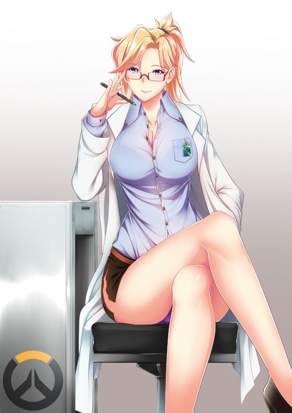 1girl, adjusting_glasses, black_skirt, blonde_hair, blue_eyes, blue_shirt, blush, breast_pocket