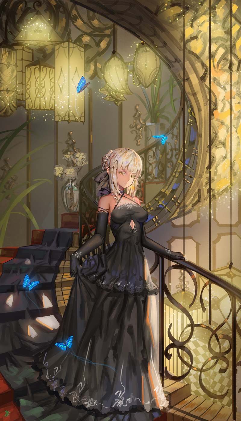 1girl, bare_shoulders, black_dress, black_gloves, black_ribbon, blonde_hair, braid, butterfly