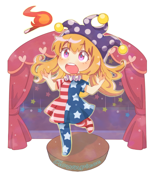 1girl, american_flag_dress, american_flag_legwear, blonde_hair, bogyaku_no_m, chibi, clownpiece, curtains