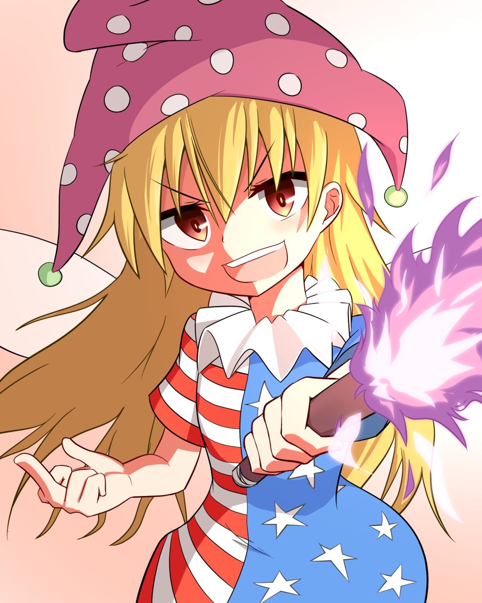 1girl, american_flag_dress, blonde_hair, clownpiece, dress, fairy_wings, fire, hat