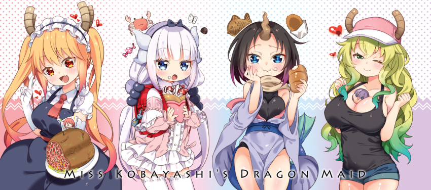 4girls, :d, ;), arami_o_8, between_breasts, black_hair, blonde_hair, blue_eyes