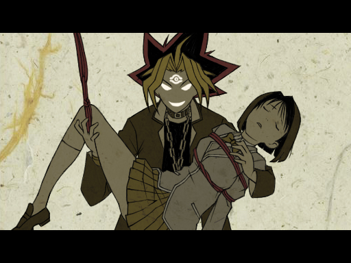 chimachi, crossover, grin, hitotoshite_jiku_ga_bureteiru, mazaki_anzu, parody, sayonara_zetsubou_sensei, smile, tied, yami_yuugi, yu-gi-oh!, yuu-gi-ou, yuu-gi-ou_duel_monsters