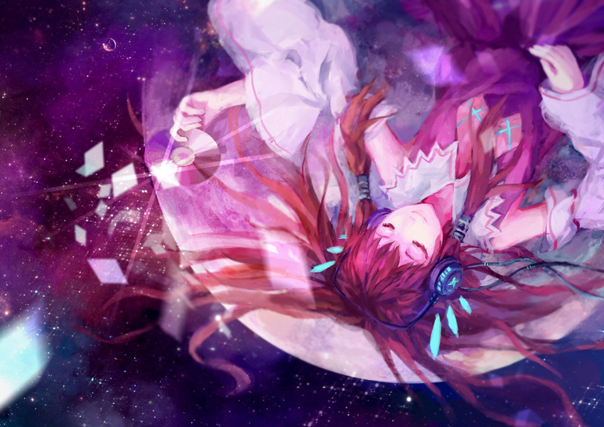 1girl, ascot, brown_hair, bubble, cd, closed_eyes, detached_sleeves, echoes_(cassandratree)