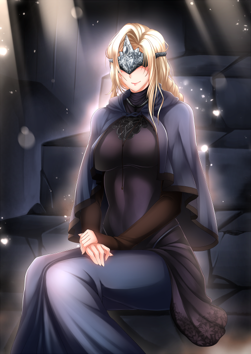 1girl, black_dress, blindfold, blonde_hair, blush, breasts, cape, closed_mouth