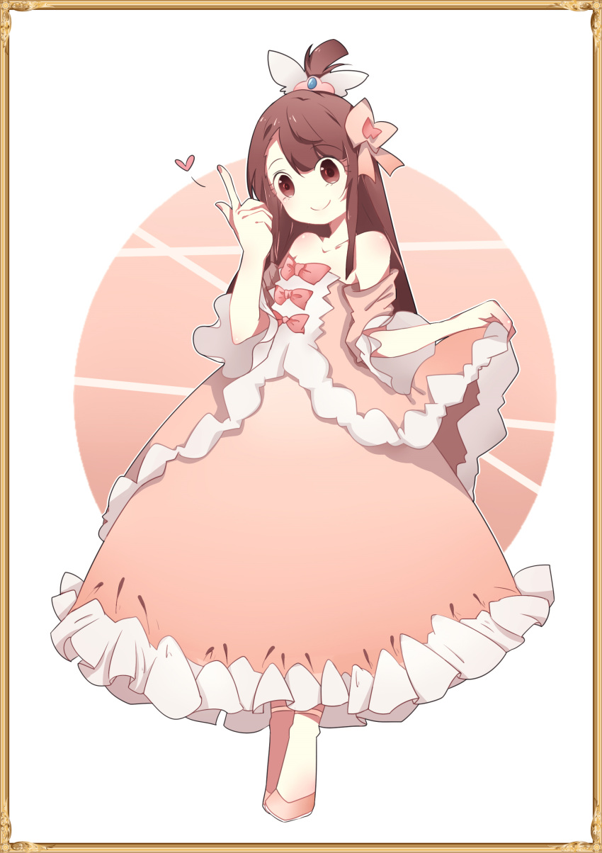 1girl, absurdres, anklet, bangs, bare_shoulders, bow, brown_hair, dress