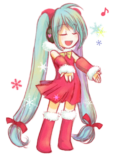 bad_id, bowtie, christmas, closed_eyes, detached_sleeves, dress, hatsune_miku, headphones, long_hair, mitsuda_mami, musical_note, santa_costume, twintails, very_long_hair, vocaloid