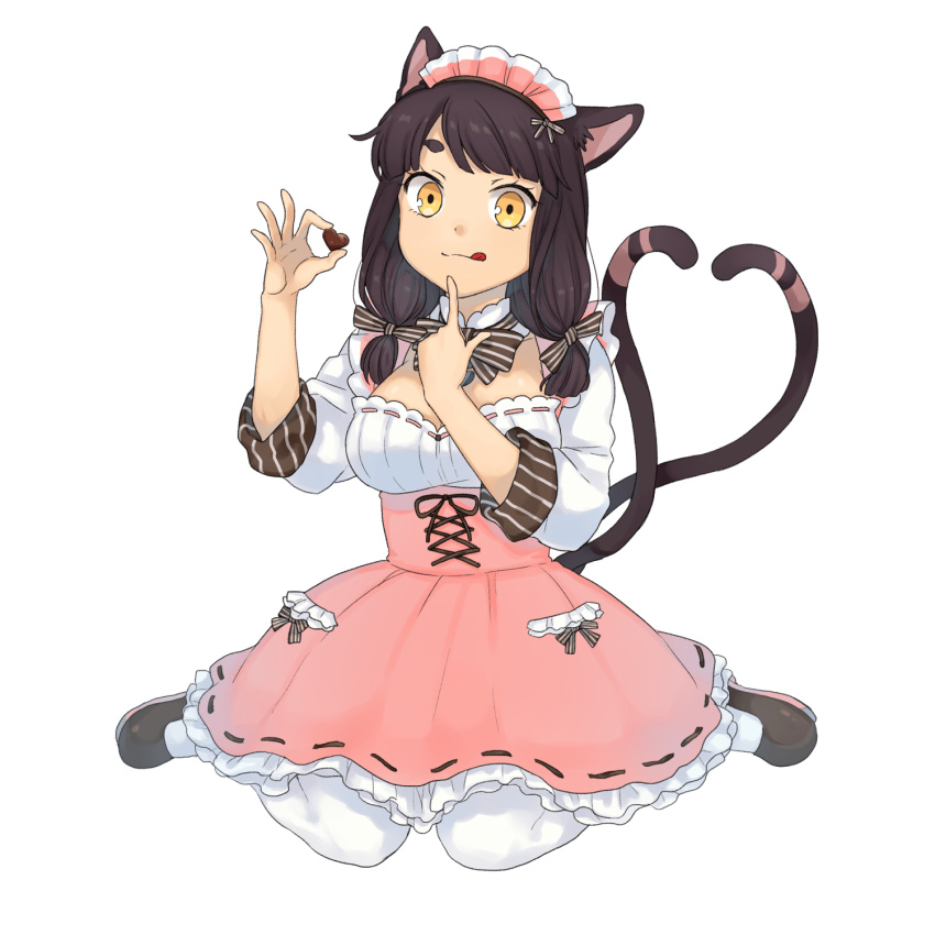 1girl, animal_ears, braid, breasts, cat_ears, cat_tail, chocolate, chocolate_heart