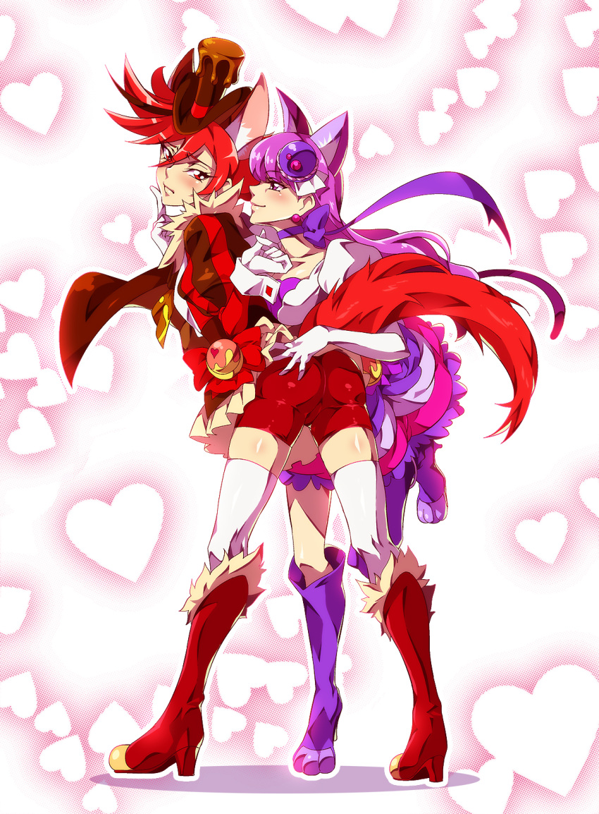 2girls, animal_ears, ass, ass_grab, bike_shorts, brown_hat, cat_ears, cat_tail
